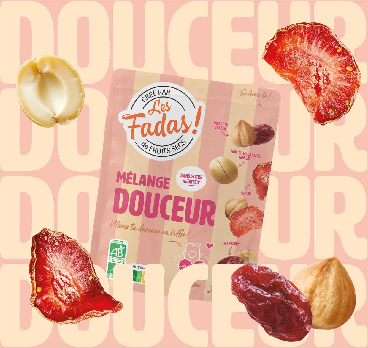 Mélange Douceur - Bio - Noisettes, Noix de Macadamia, Fraises, Cranberry - 100 g
